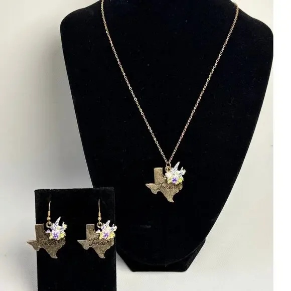 Texas State Shape Necklace and Earrings Matching Set w Blue Bonnets Gold Tone - Picture 1 of 9